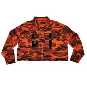 New Look Orange Camo‎ Cropped Trucker Jacket Buckle Detail Boxy Edgy Utility